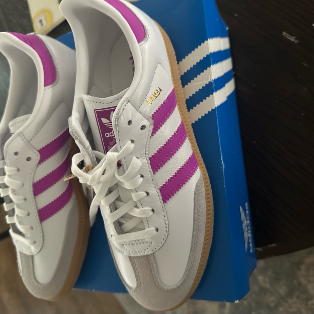 Adidas White and Purple Sneakers with Gold Accents
